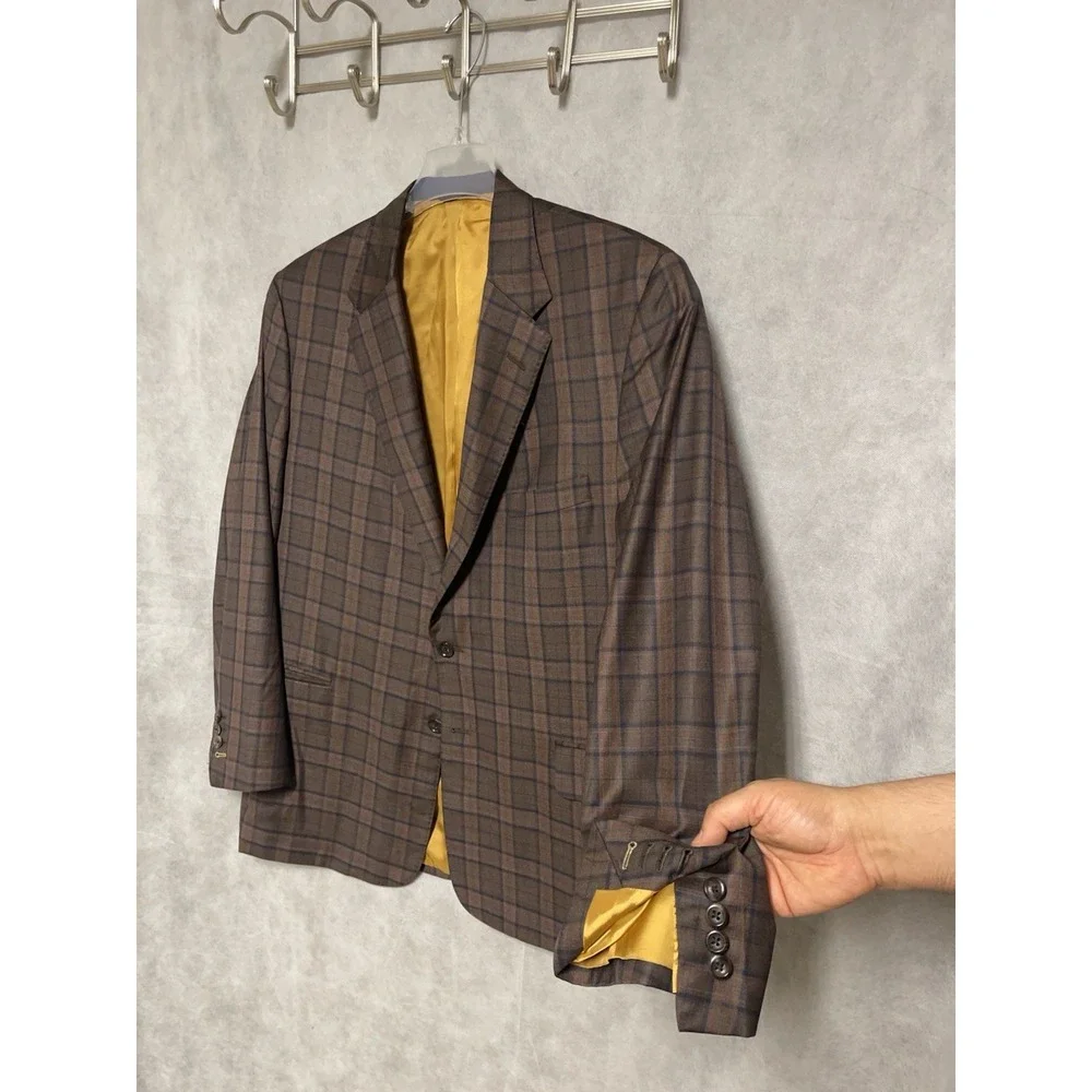 Tom James Blazer Men 44R Brown Blue Tartan Plaid Surgeon Cuffs Flannel Bespoke